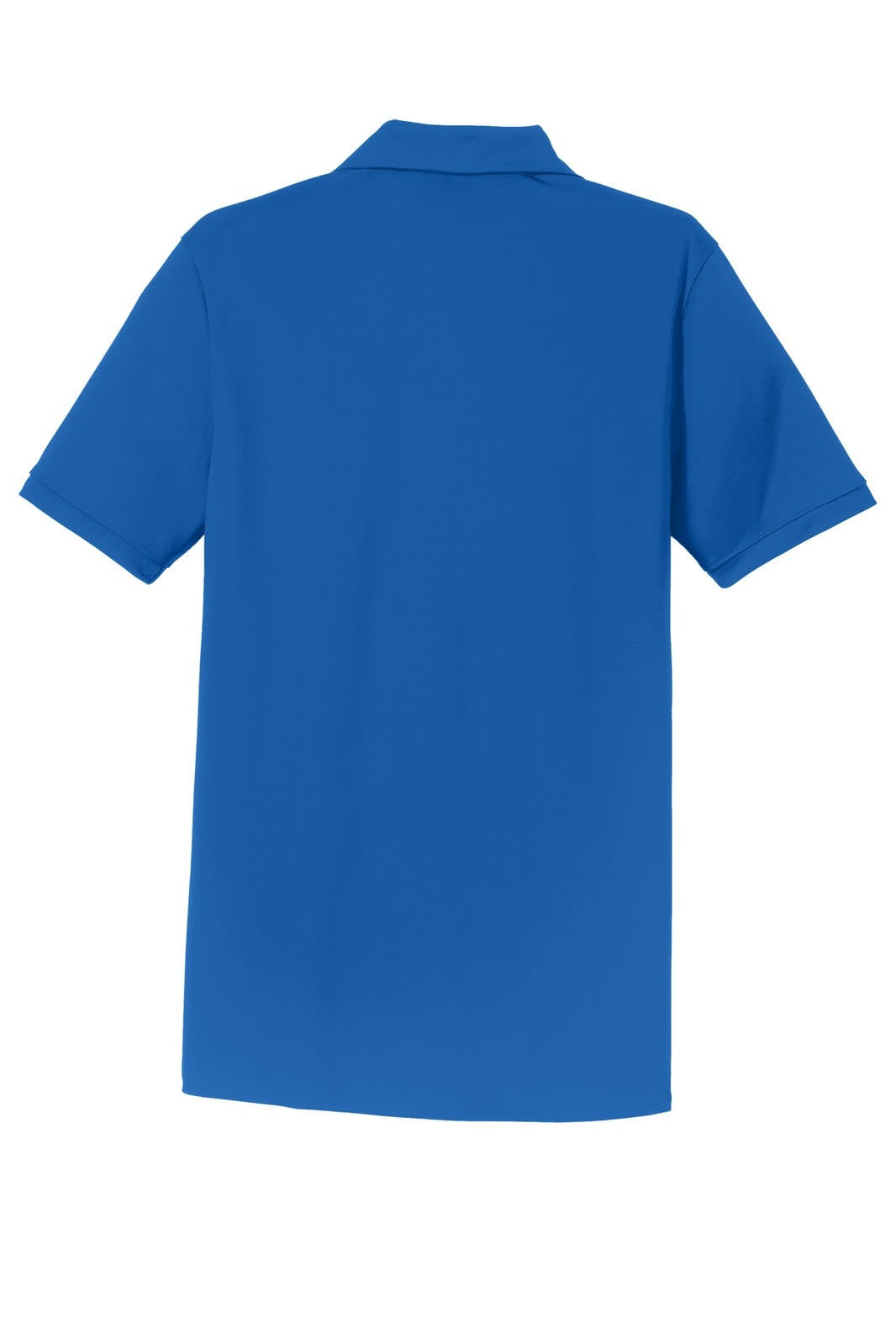 A back view of a blue polo shirt with short sleeves, featuring a collar and a logo.