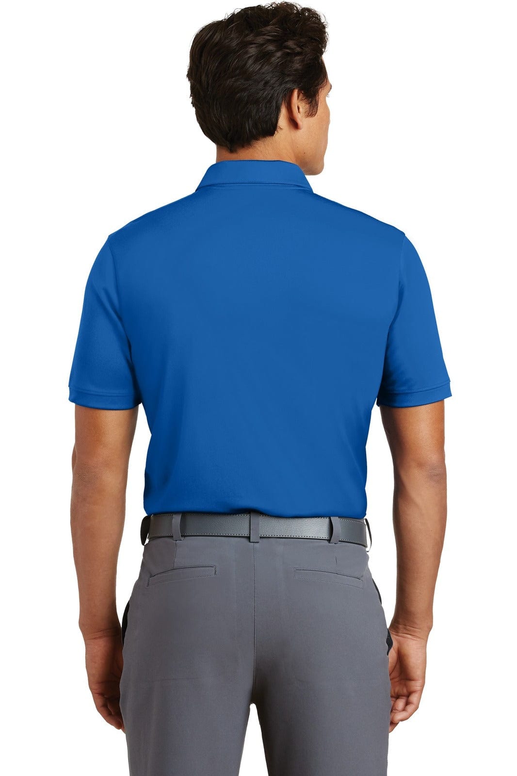 A blue Nike Dri-FIT polo shirt from the back, featuring a collared design and short sleeves.
