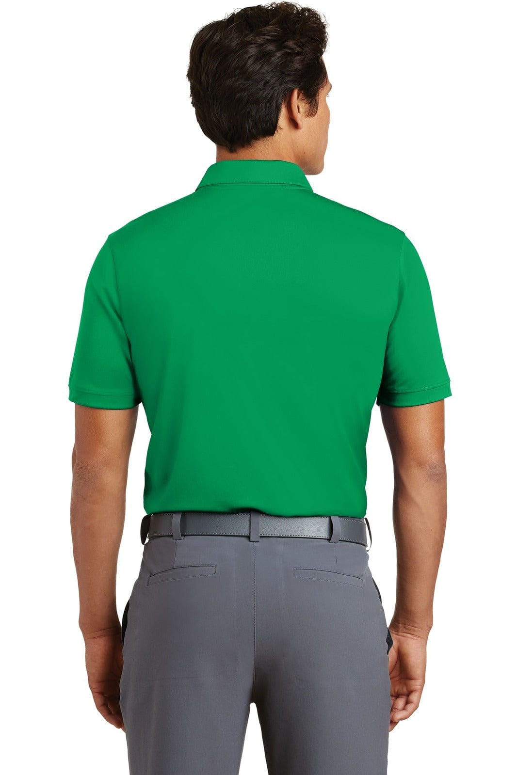 A green Nike Dri-FIT polo shirt is displayed, featuring a classic modern fit design from the back.