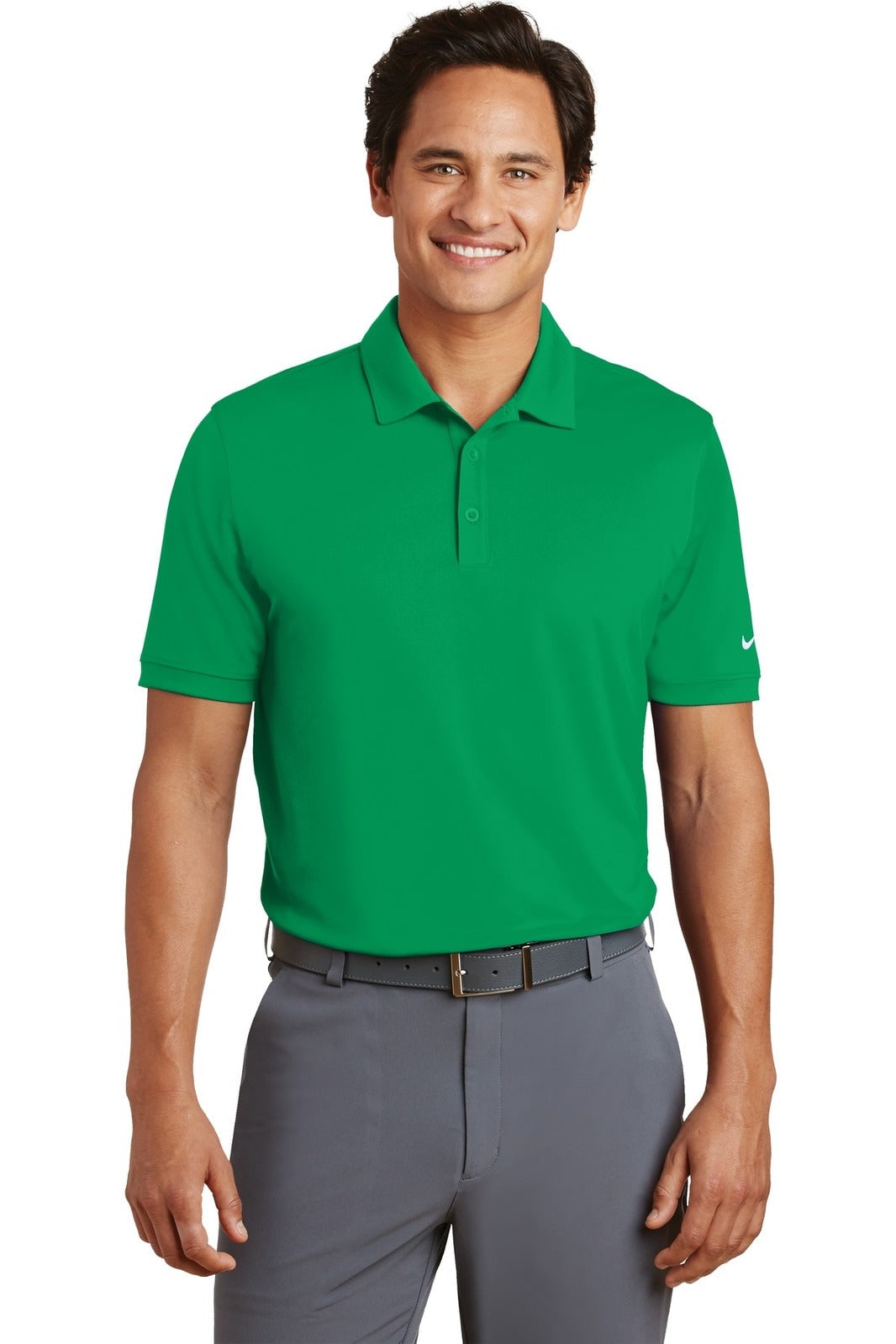 A green Nike Dri-FIT Players Modern Fit Polo shirt on a smiling male model, featuring a logo on the sleeve.