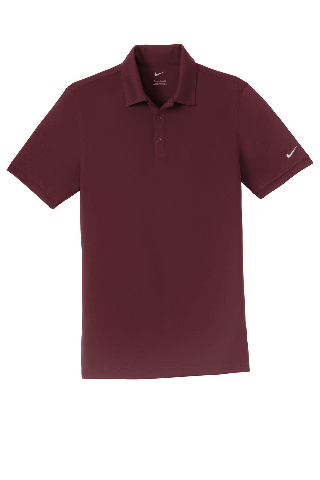 A maroon polo shirt featuring a collar, short sleeves, and a logo on the sleeve.