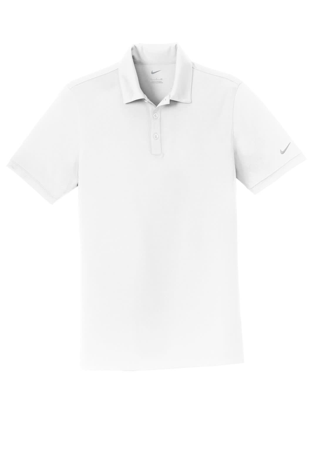 A white Nike Dri-FIT Players Modern Fit Polo shirt featuring a logo on the sleeve.