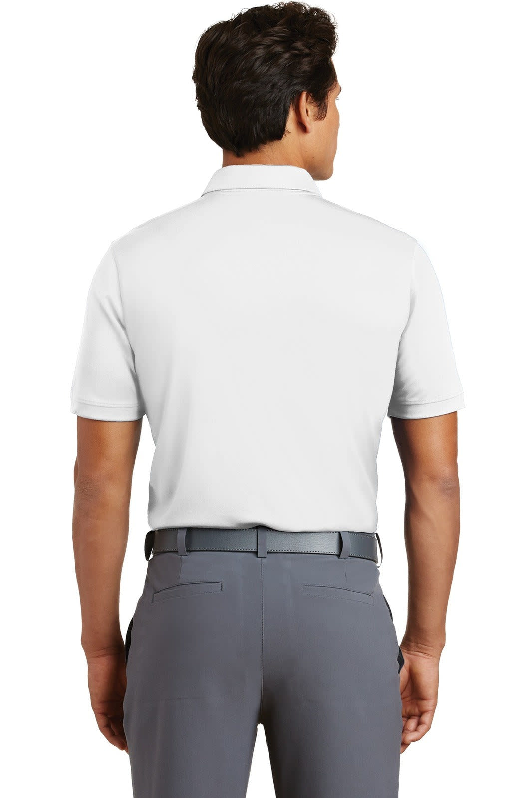 A white polo shirt with a modern fit, featuring a collar and a logo, viewed from the back.