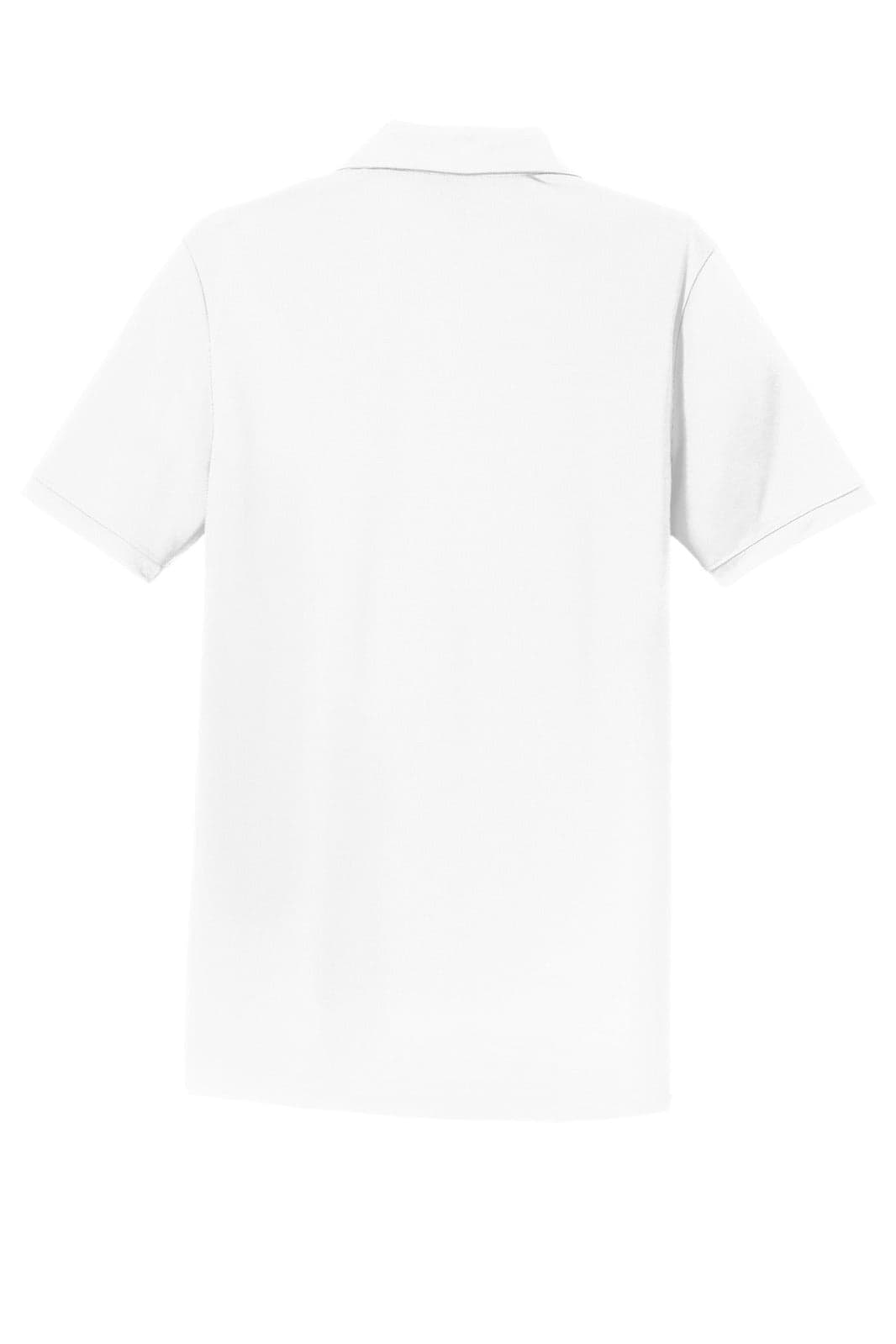 A white polo shirt featuring a modern fit and short sleeves, with a brand logo on the front.