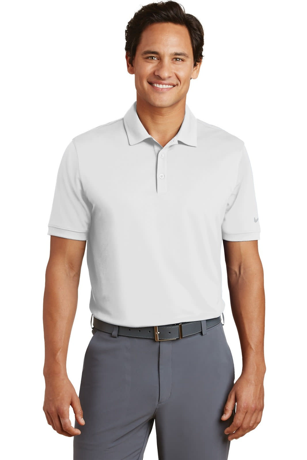 A light grey Nike Dri-FIT Players Modern Fit Polo, featuring a collar and short sleeves, worn by a smiling man.