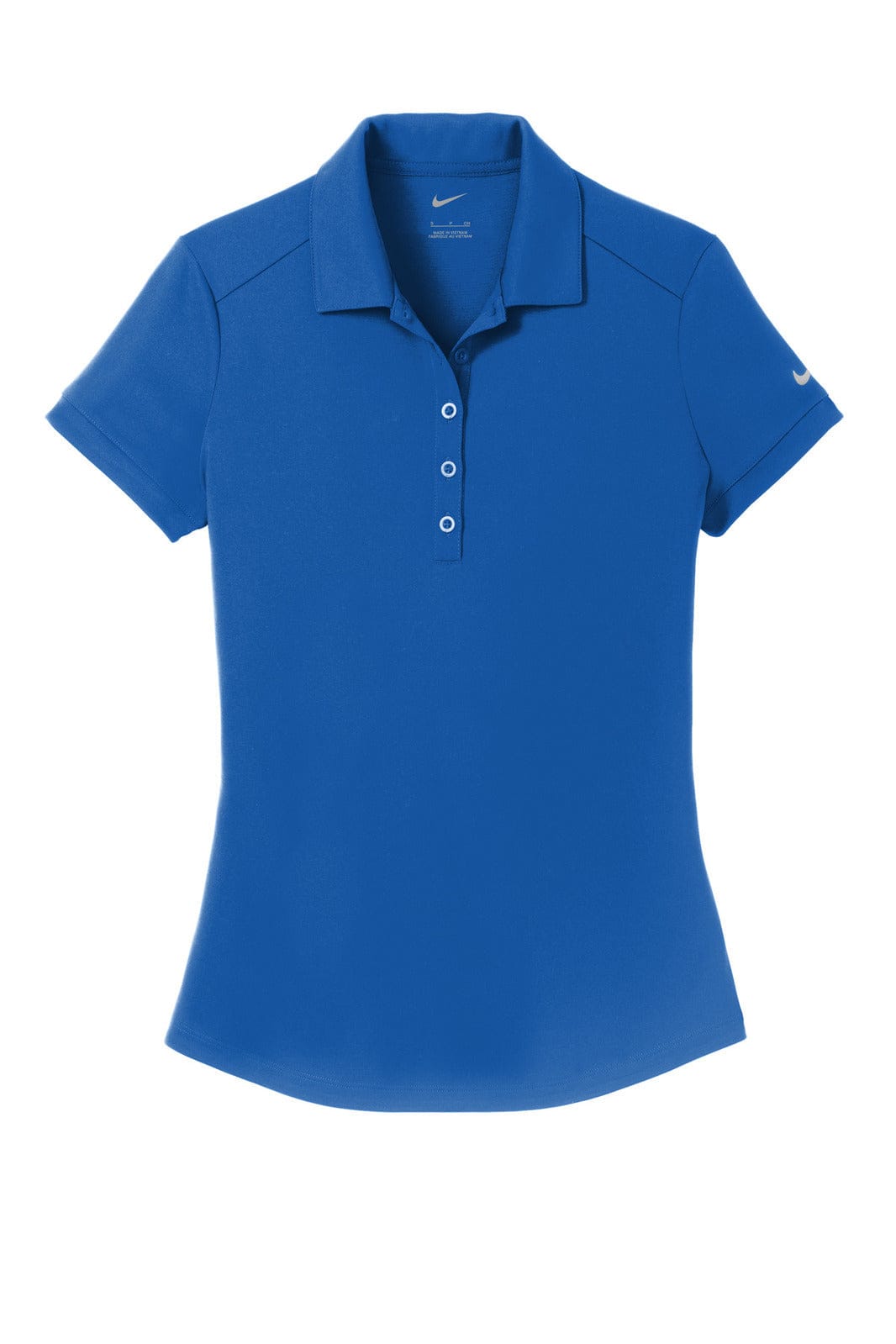 A blue Nike ladies Dri-FIT polo shirt featuring a collar and a logo on the sleeve.