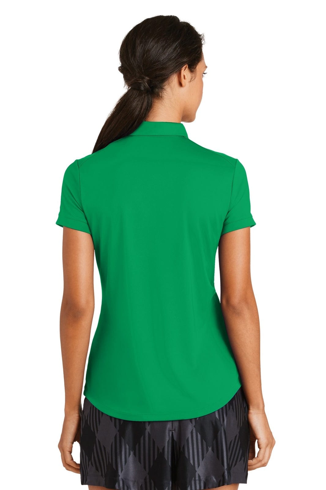 A green women's polo shirt with a modern fit and short sleeves, featuring a logo. The back view shows a seamless design.
