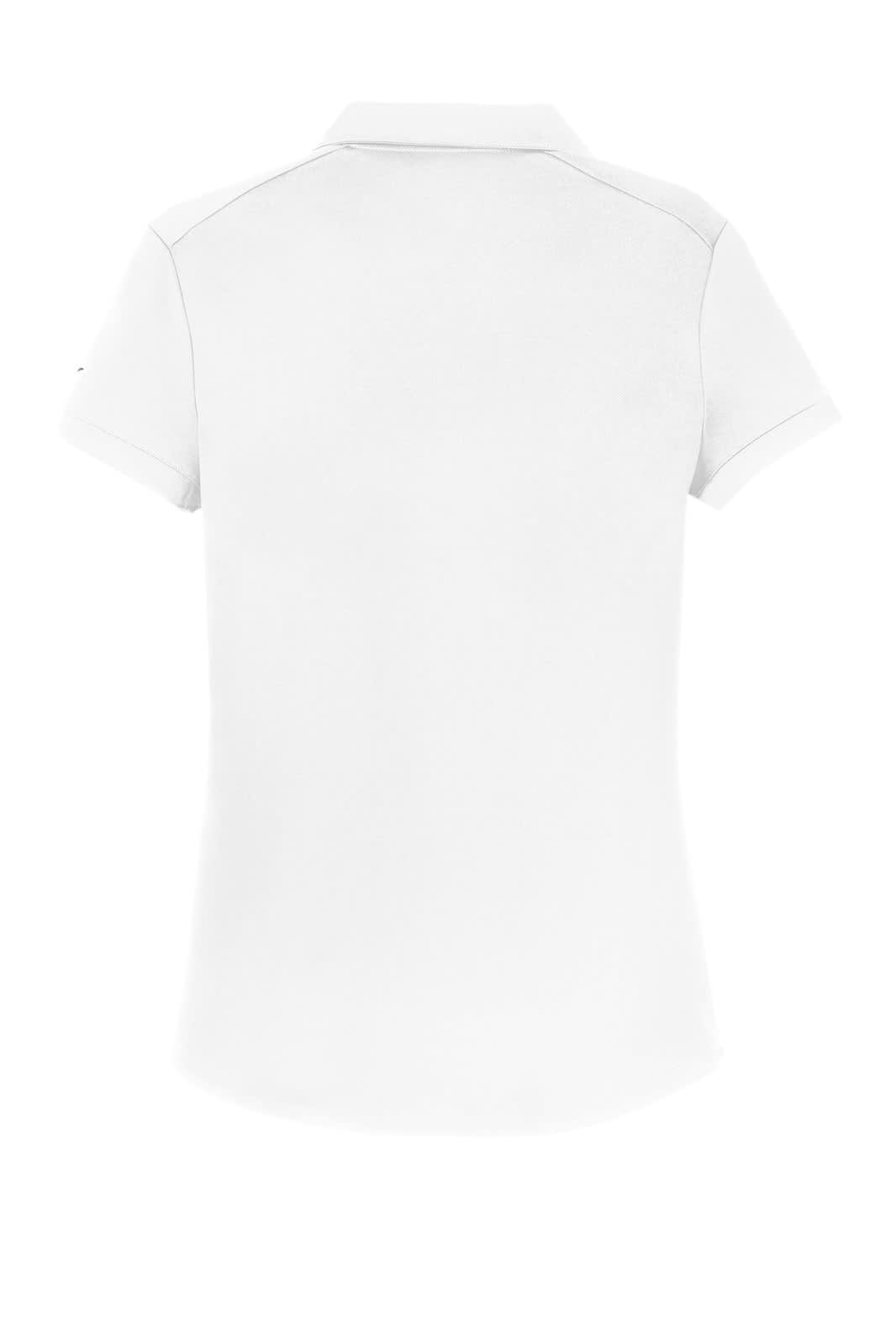A white women's polo shirt featuring a fitted design and a logo on the back.