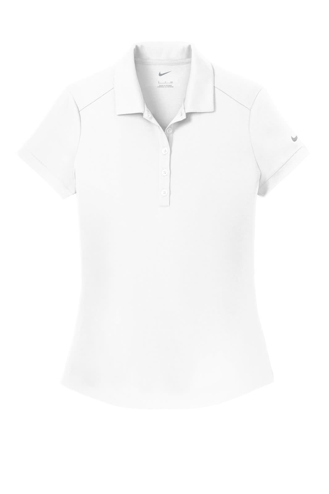 A white polo shirt with a modern fit, featuring a collar and buttons, and a brand logo on the sleeve.