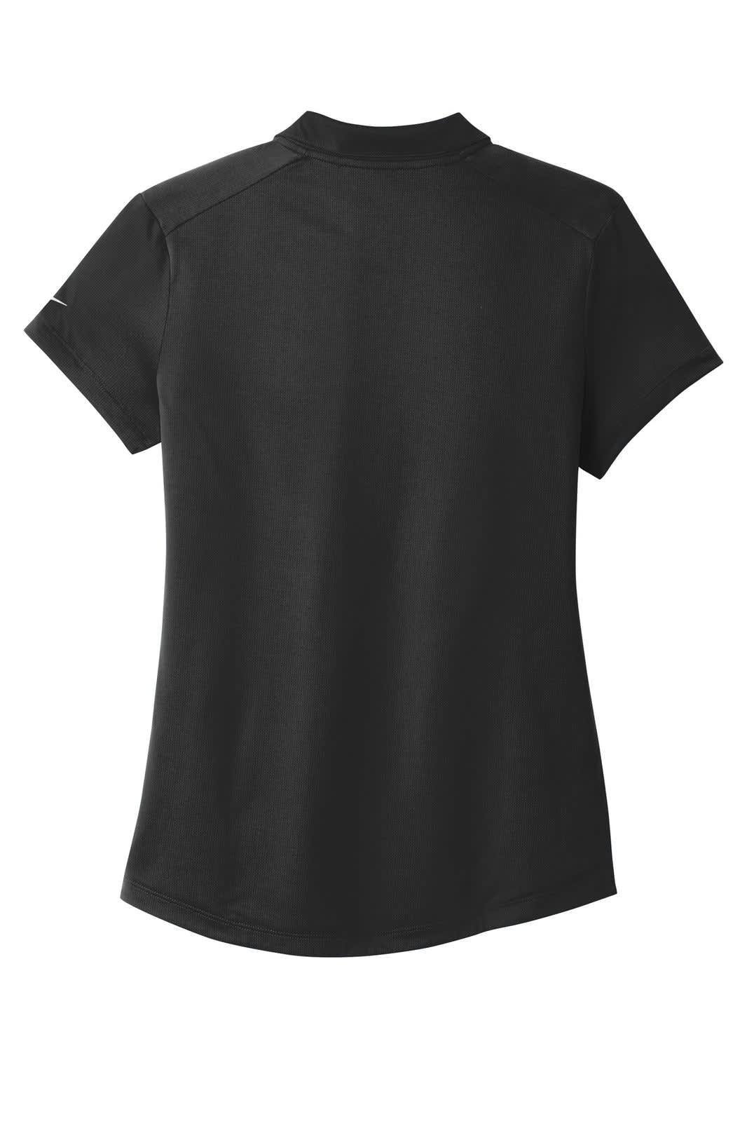 A black Nike ladies Dri-FIT Legacy polo shirt featuring a collar and short sleeves, with a logo on the sleeve.