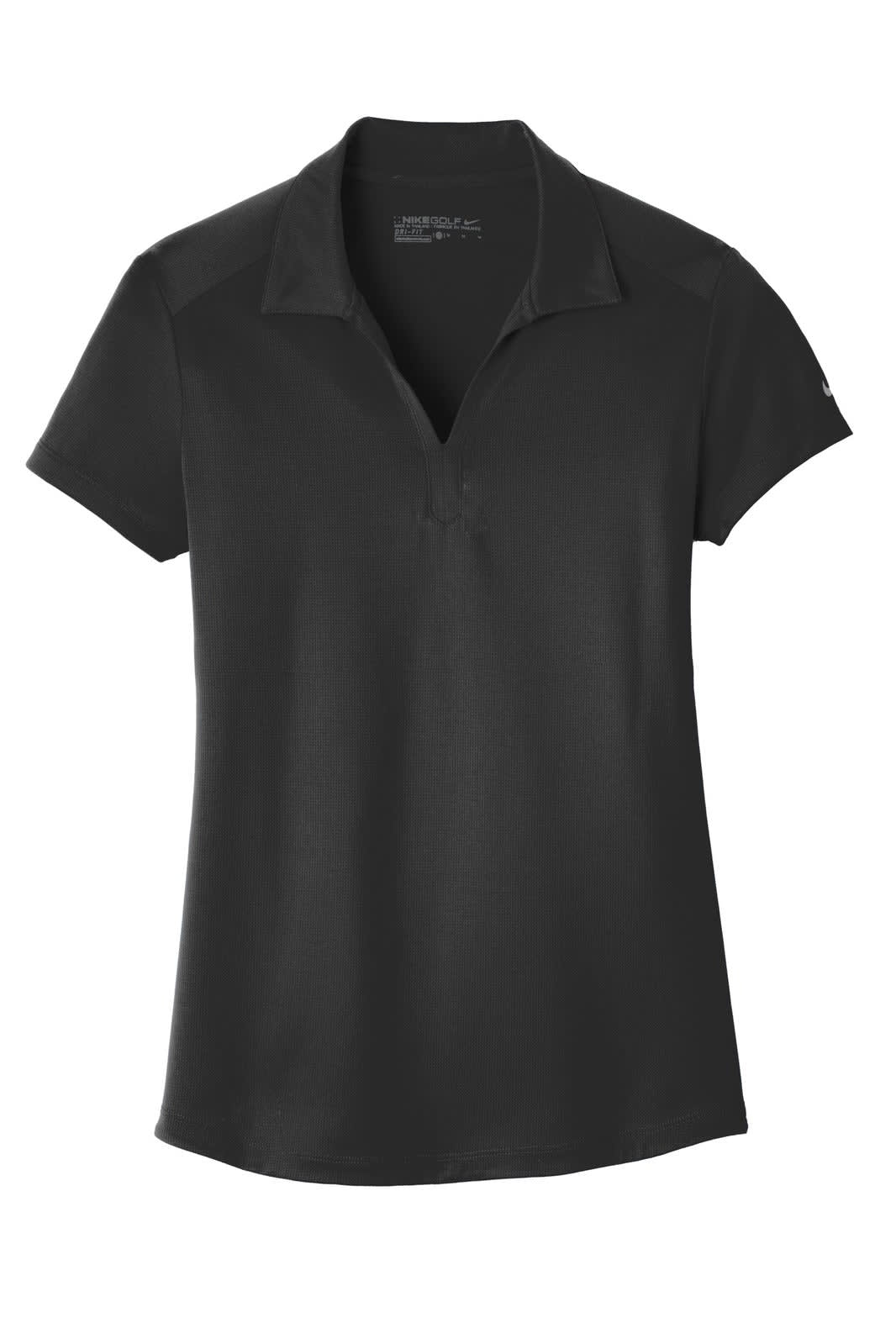 A black Nike ladies’ Dri-FIT Legacy polo shirt featuring a collar and a logo. Short sleeves complete the design.