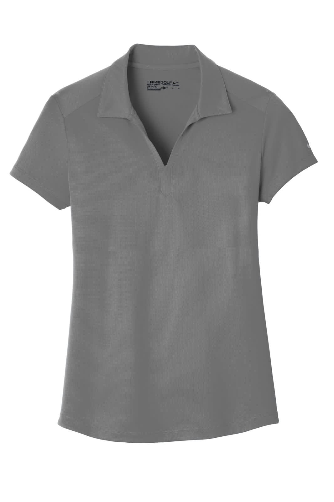 A grey polo shirt with a collar and short sleeves, featuring a branding logo.