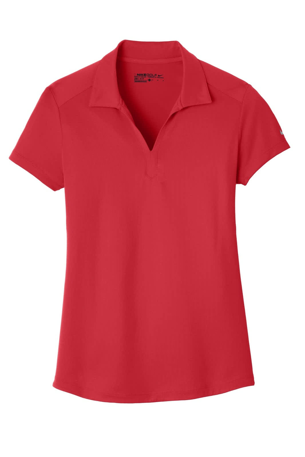 A red polo shirt with a buttonless collar, featuring a logo on one sleeve. Lightweight and designed for comfort.