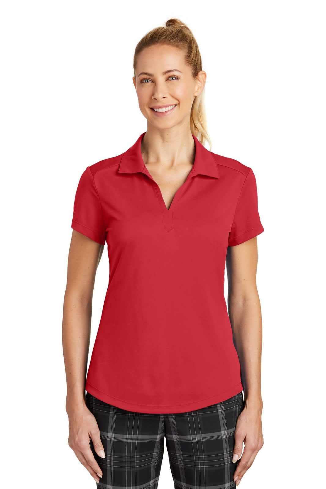 A red polo shirt with a collar and short sleeves, featuring a logo on the chest.