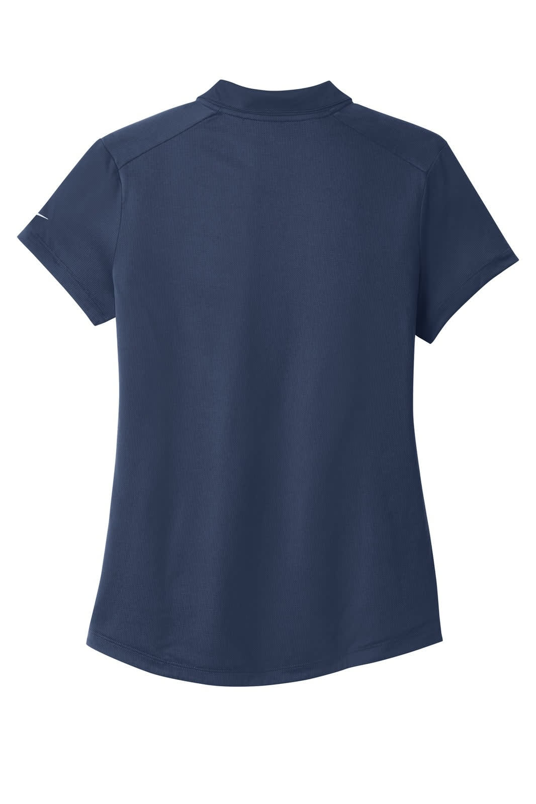 A navy blue ladies' polo shirt featuring a collar and short sleeves, with a logo on the sleeve.