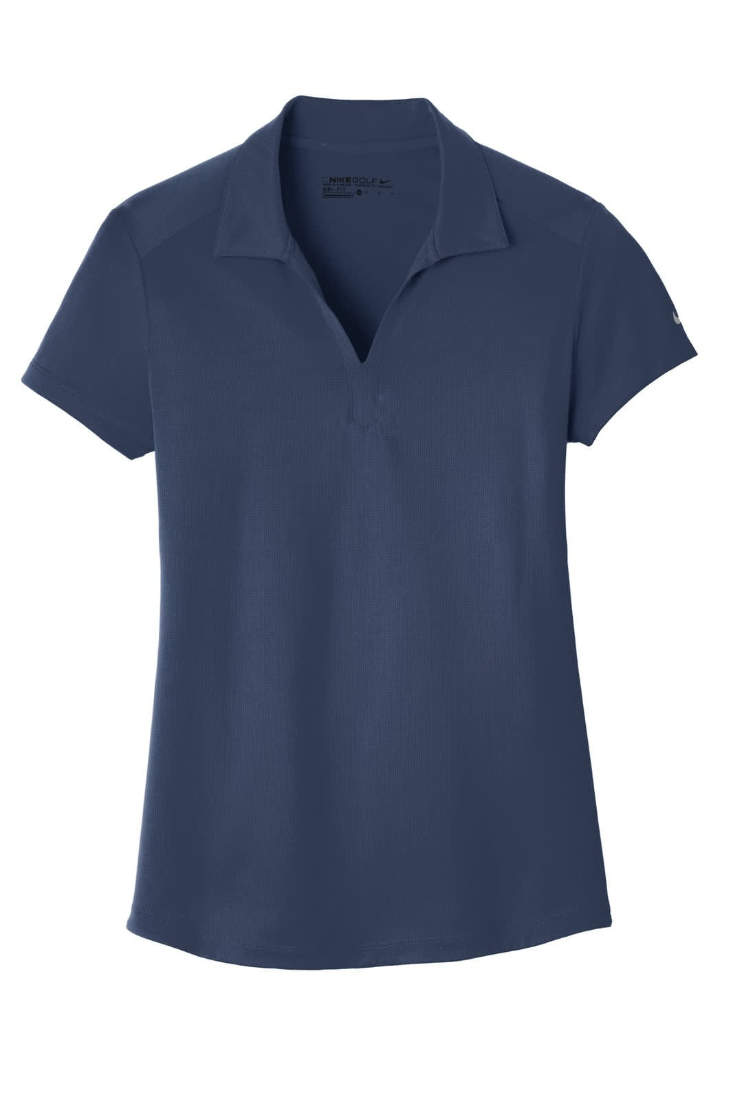 A navy blue ladies' polo shirt featuring a collar and short sleeves, with a logo on the sleeve.