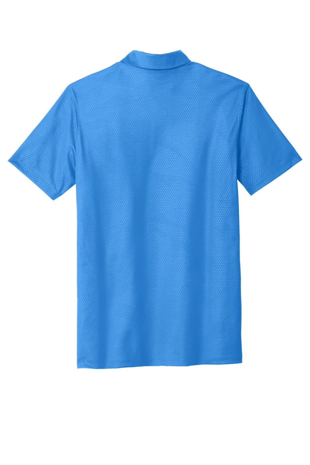 A blue polo shirt with embossed texture and a collar, featuring a branding logo.