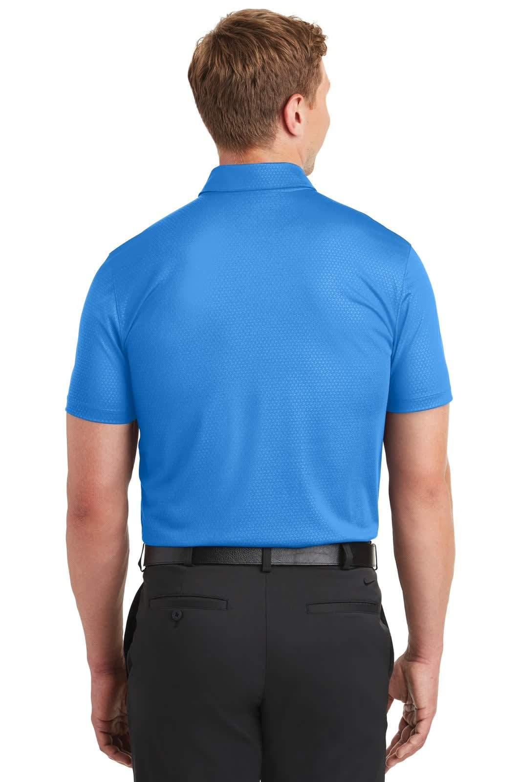A blue Nike Dri-FIT embossed tri-blade polo shirt, featuring a back view with short sleeves.