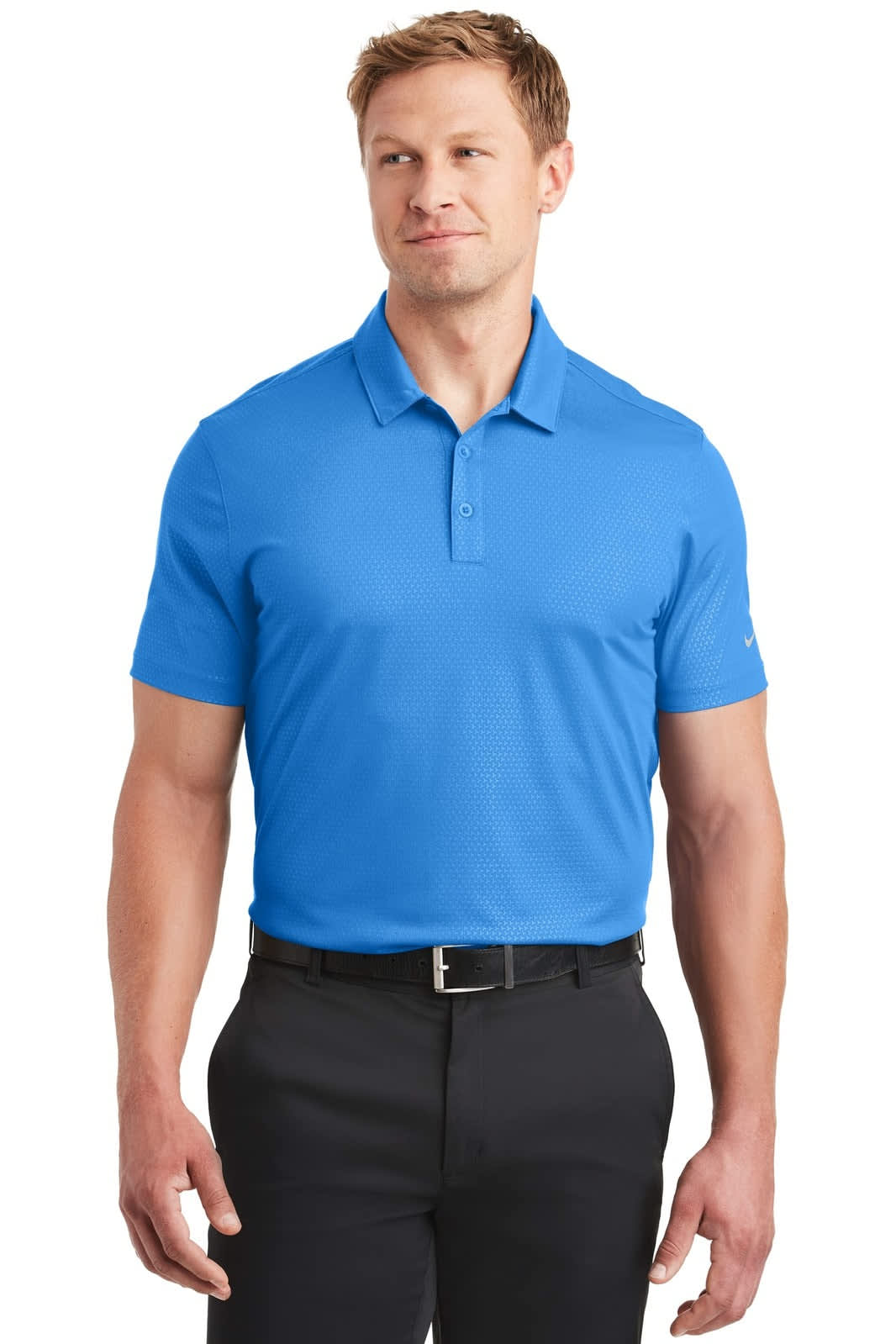 A blue Nike Dri-FIT Embossed Tri-Blade Polo shirt featuring a short sleeve design and a logo on the chest.