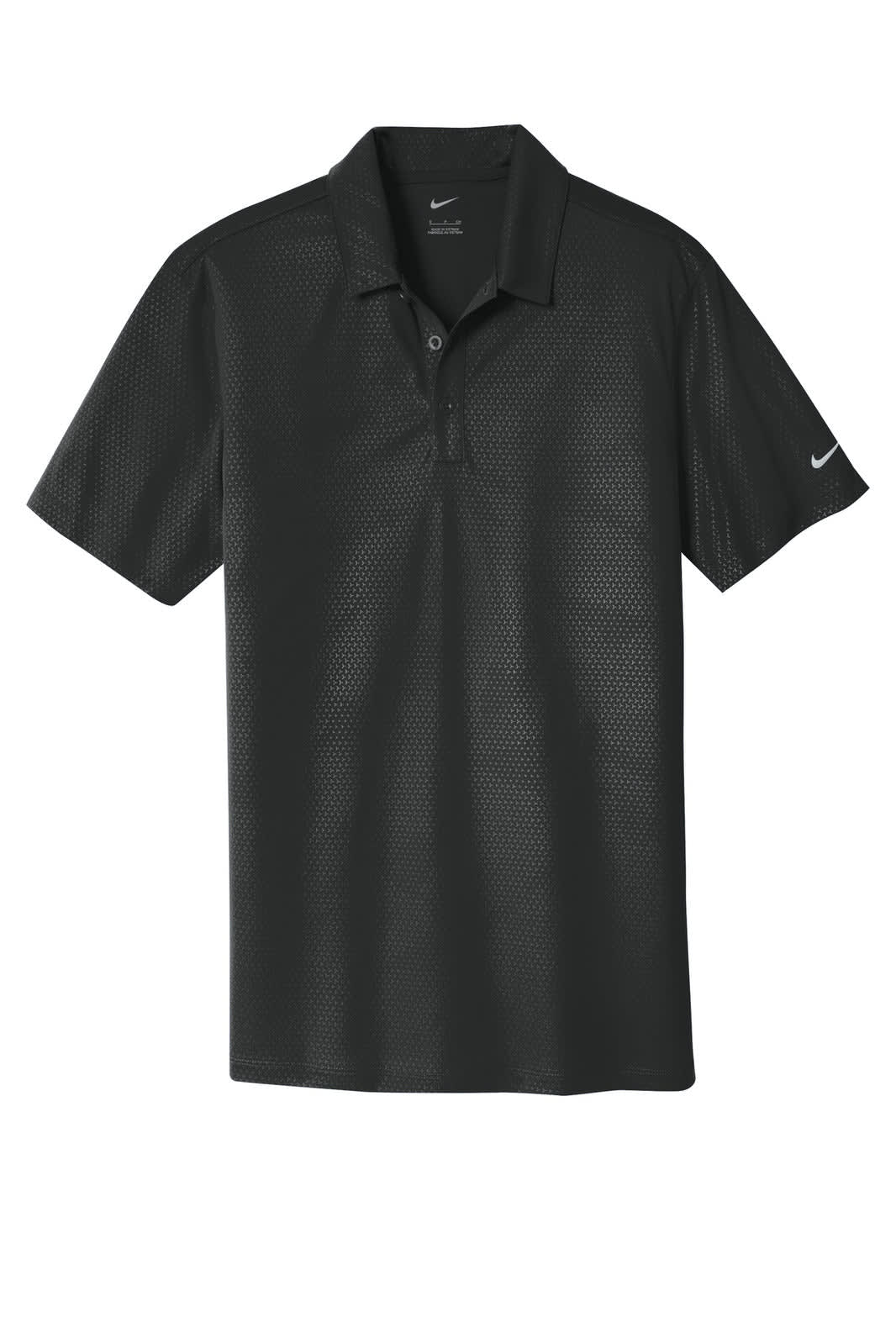 A black Nike Dri-FIT Embossed Tri-Blade Polo shirt featuring a logo on the sleeve.