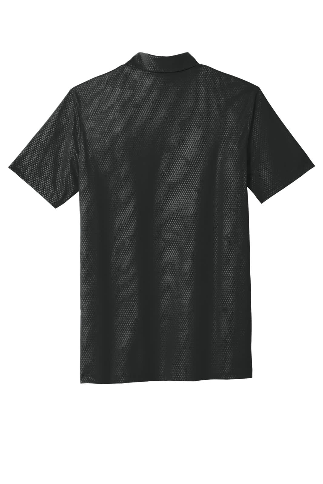 A black polo shirt with a Dri-FIT embossed design and a collar, featuring a branding logo.