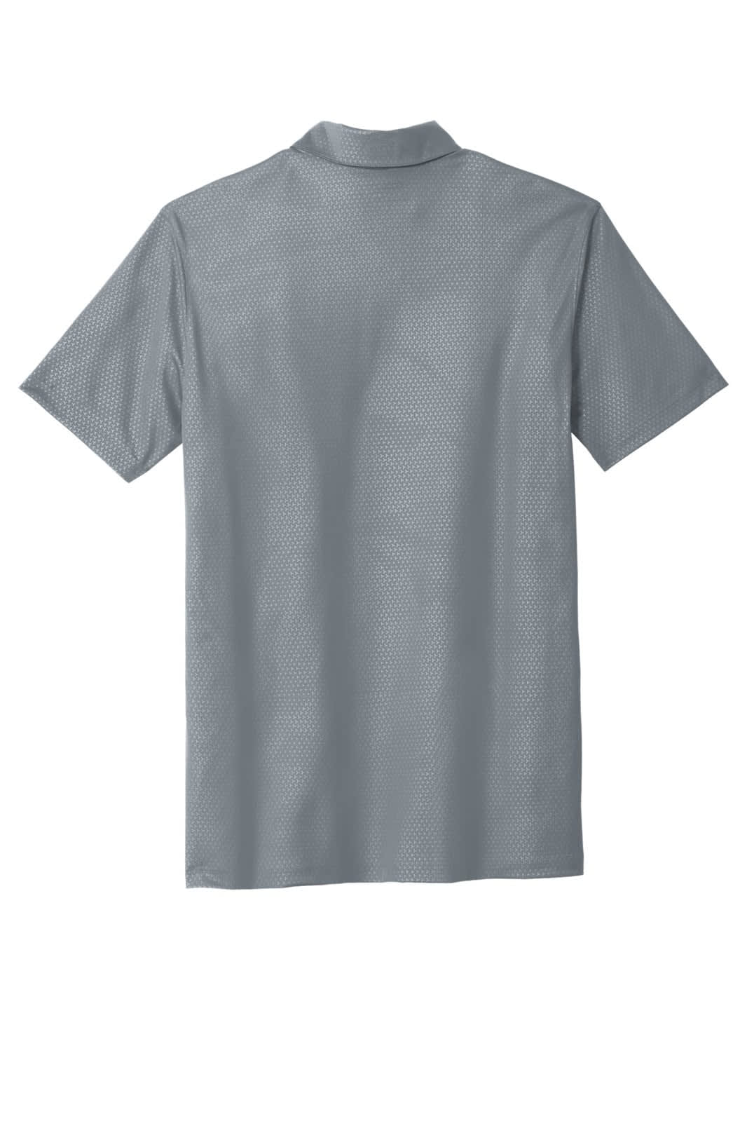 A grey polo shirt with an embossed texture and a collar. It features a logo on the design.