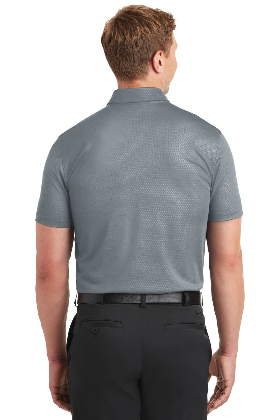 A grey polo shirt with short sleeves and a collar, featuring a brand logo at the back.