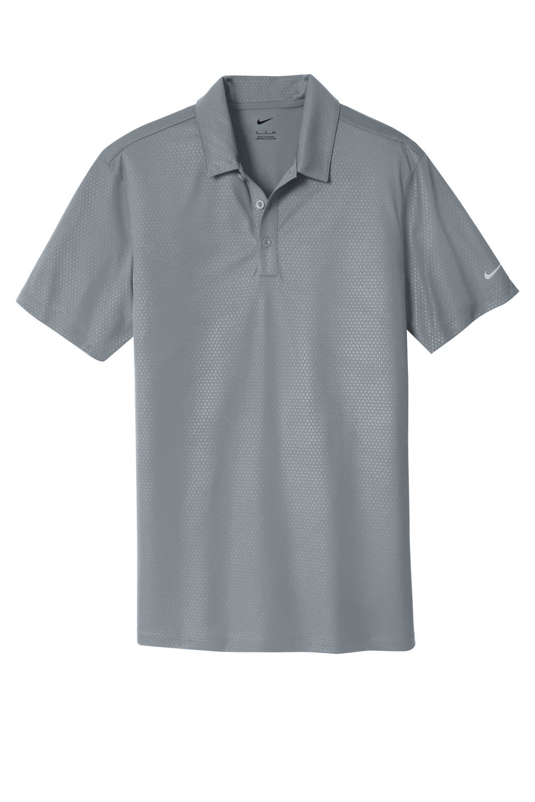 A grey Nike Dri-FIT Embossed Tri-Blade Polo shirt with a collar and a branding logo.