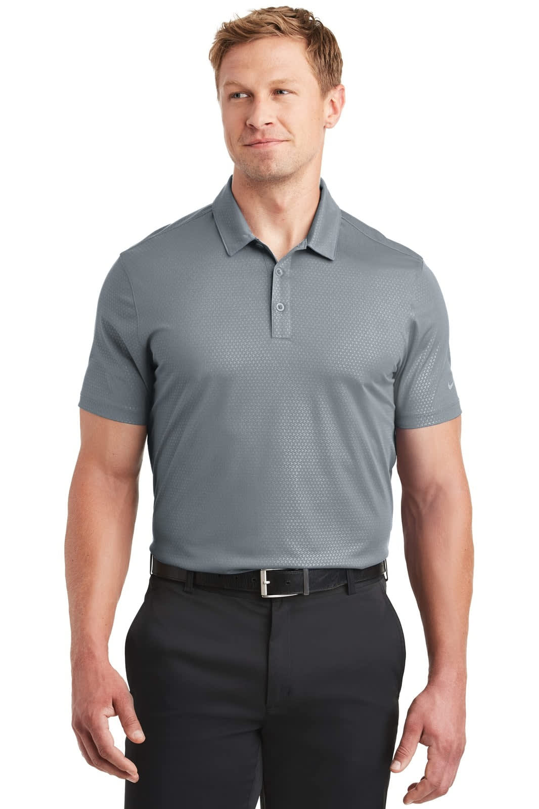 A grey polo shirt with short sleeves, featuring a collar and a logo, worn by a male model.