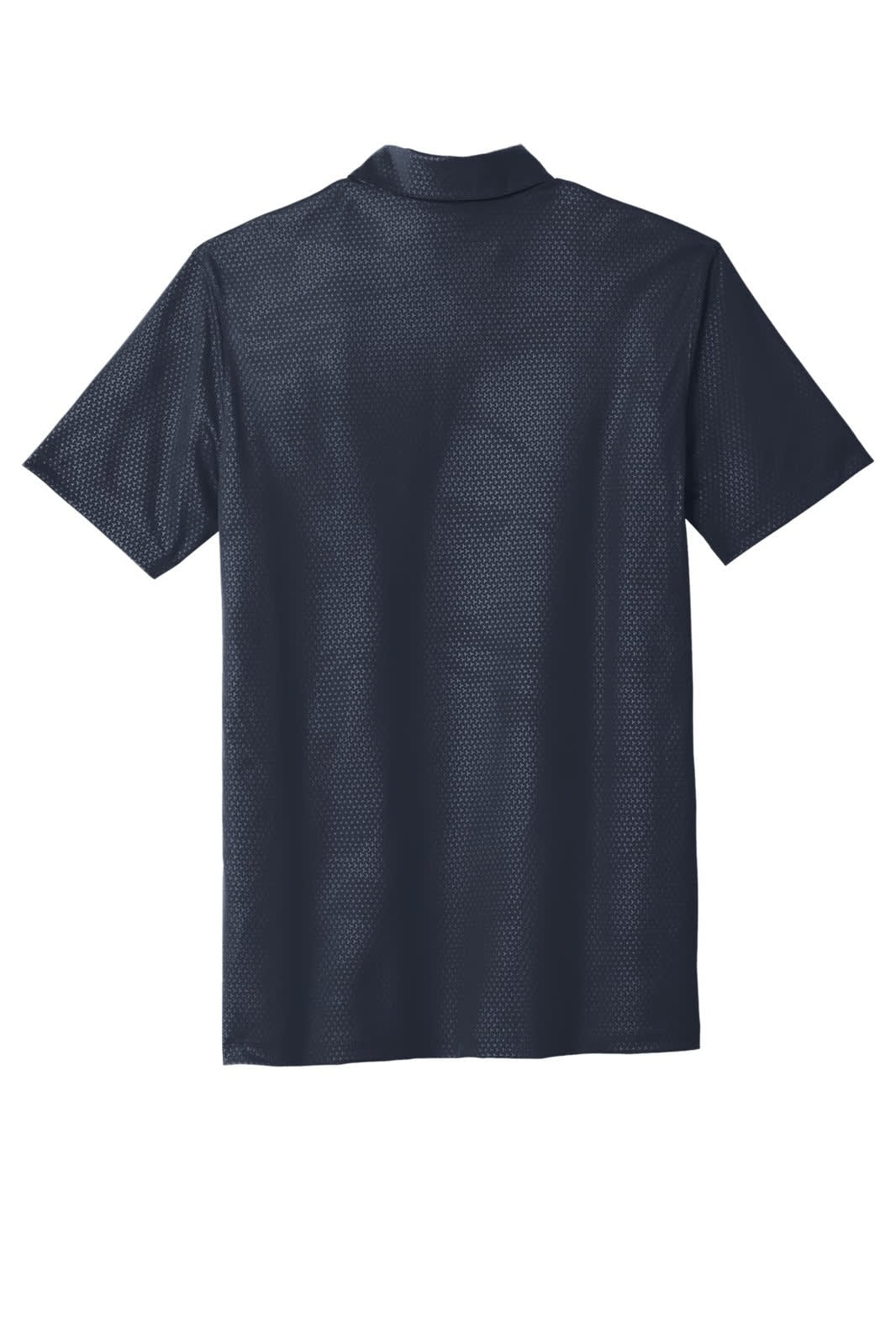 A navy blue polo shirt featuring an embossed texture and short sleeves, with a branding logo.