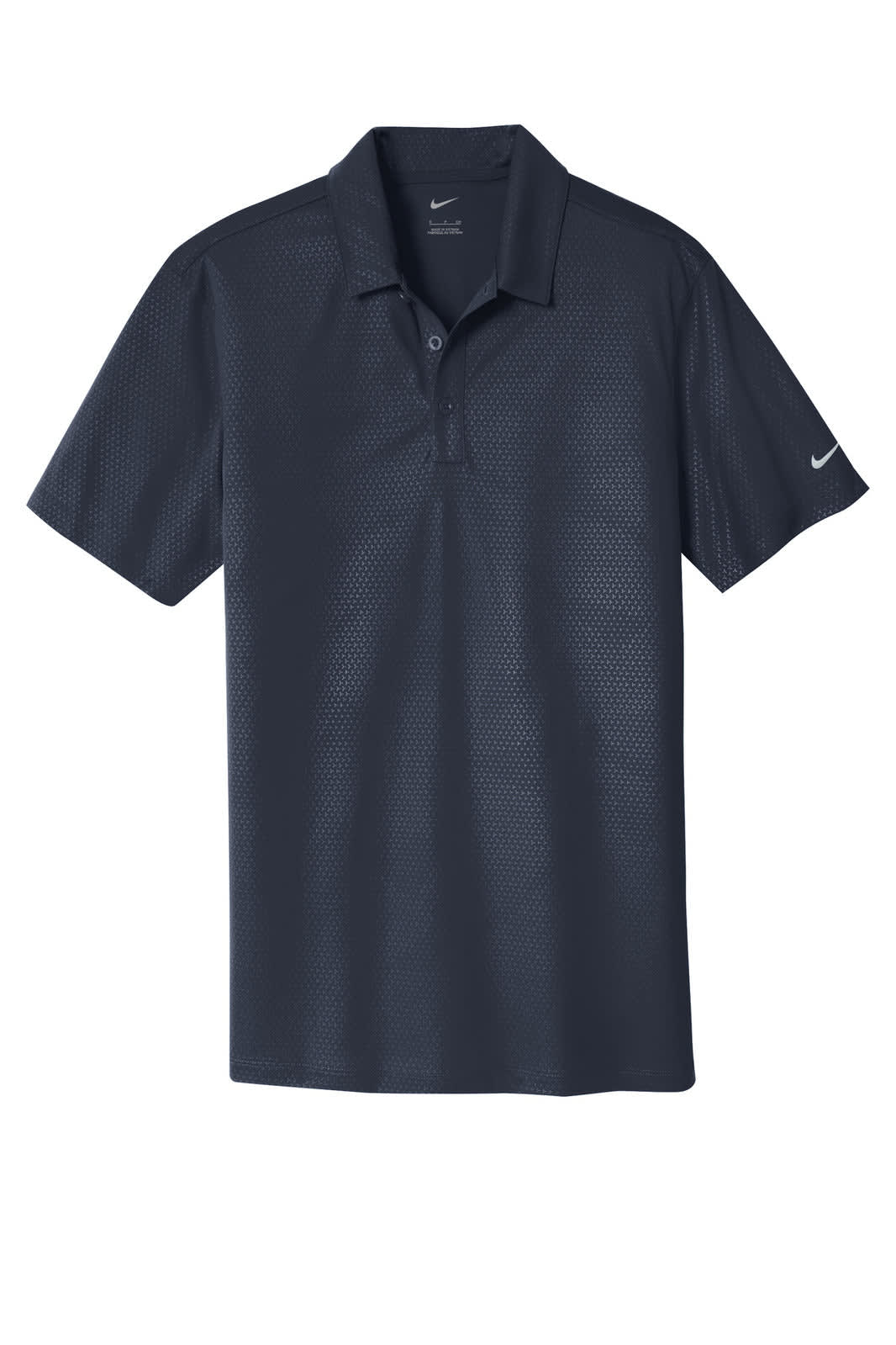 A navy blue polo shirt with an embossed design and a logo on the sleeve.
