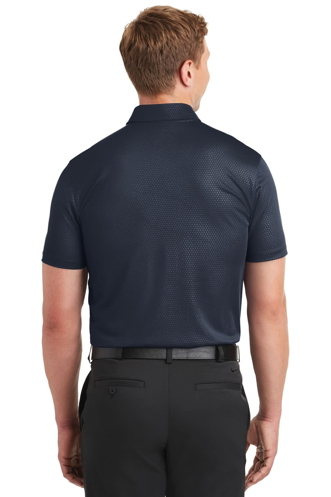 A navy blue Nike Dri-FIT embossed tri-blade polo shirt displayed from the back, featuring a brand logo.