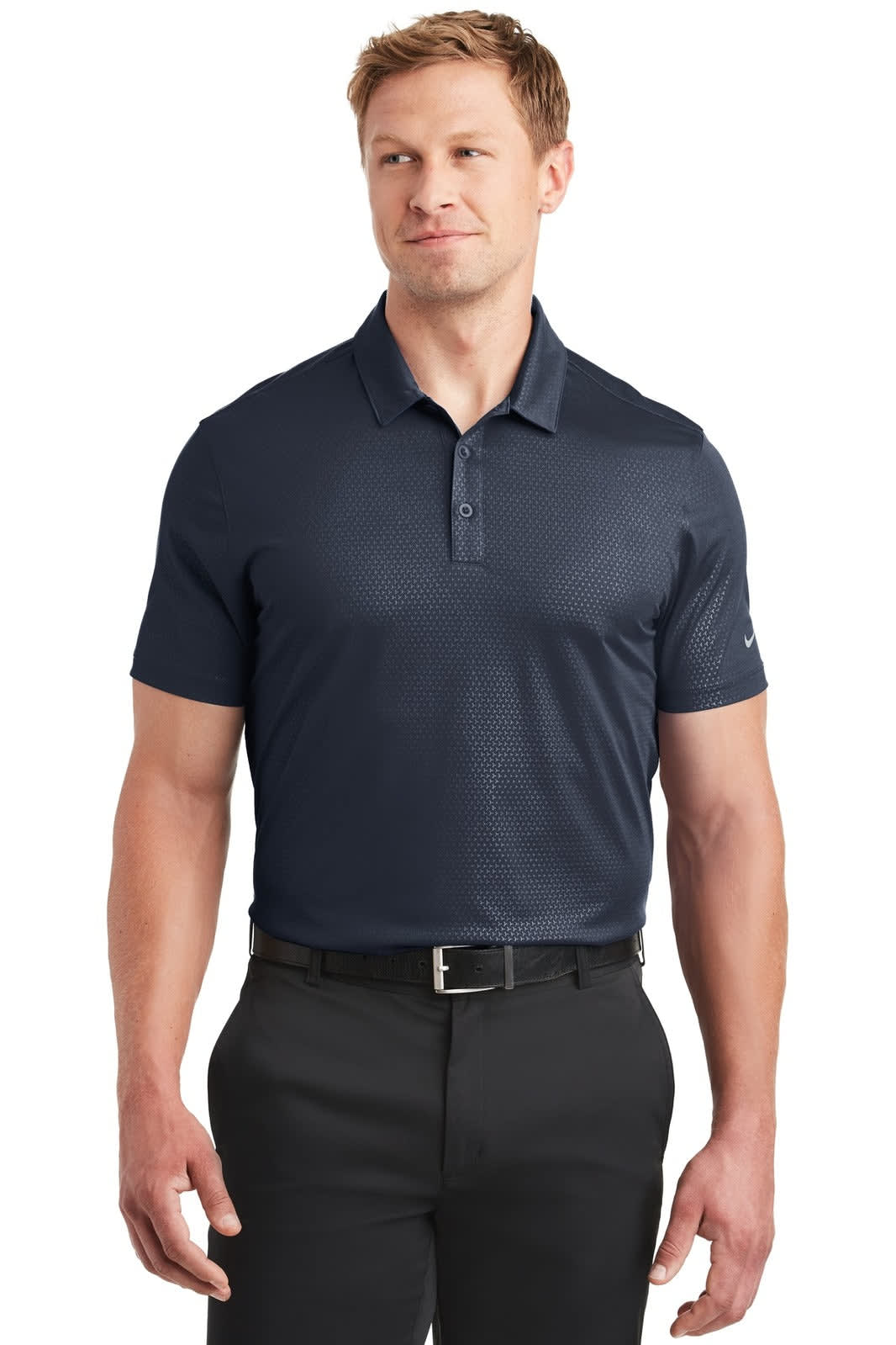 A navy blue polo shirt with short sleeves and an embossed texture, featuring a logo.