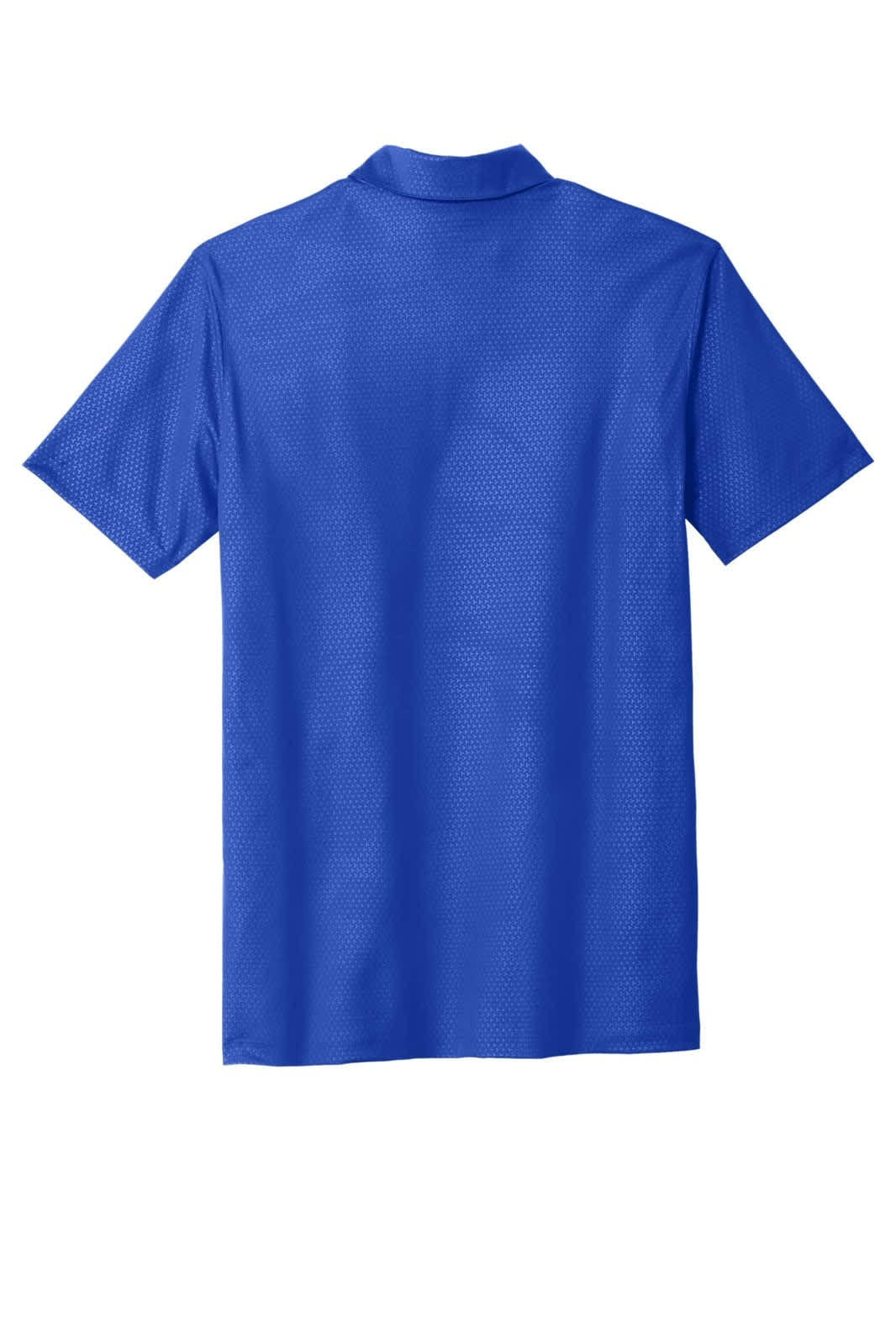 A blue Nike Dri-FIT Embossed Tri-Blade Polo shirt with a textured pattern and a collar, featuring a logo.