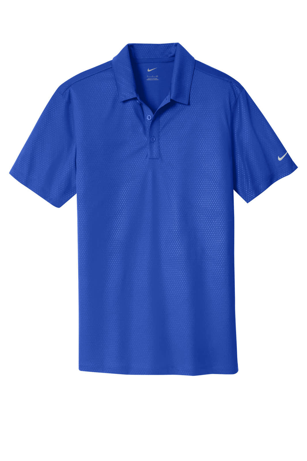 A blue Nike Dri-FIT embossed tri-blade polo shirt with a collar and a logo on the sleeve.