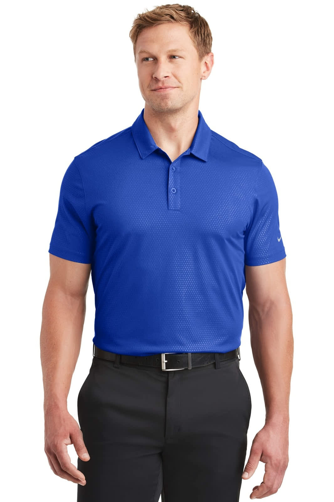 A blue Nike Dri-FIT embossed tri-blade polo shirt displayed on a model, featuring a collar and short sleeves.