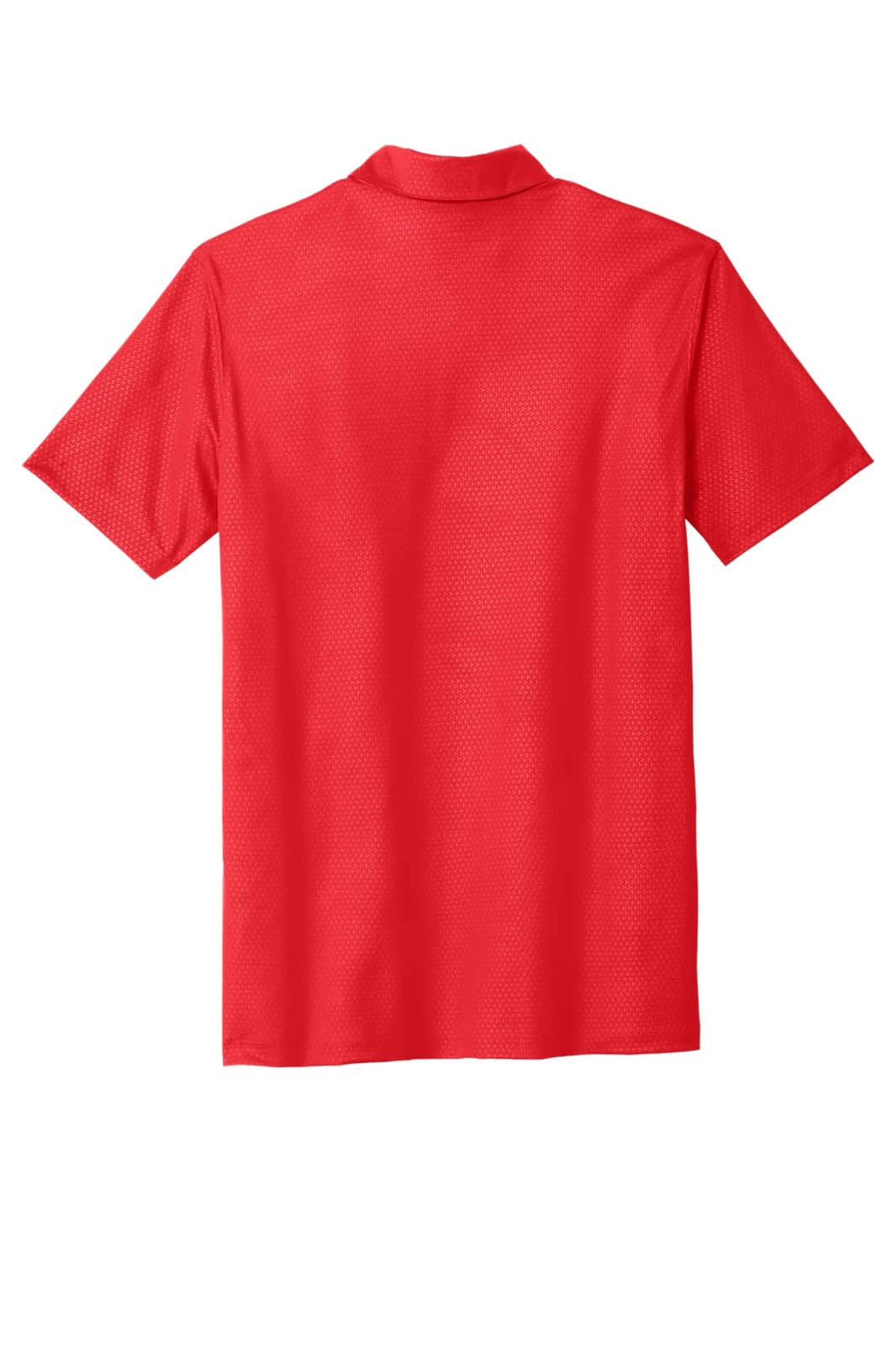 A red Nike Dri-FIT Embossed Tri-Blade Polo shirt featuring a textured pattern and a collar.
