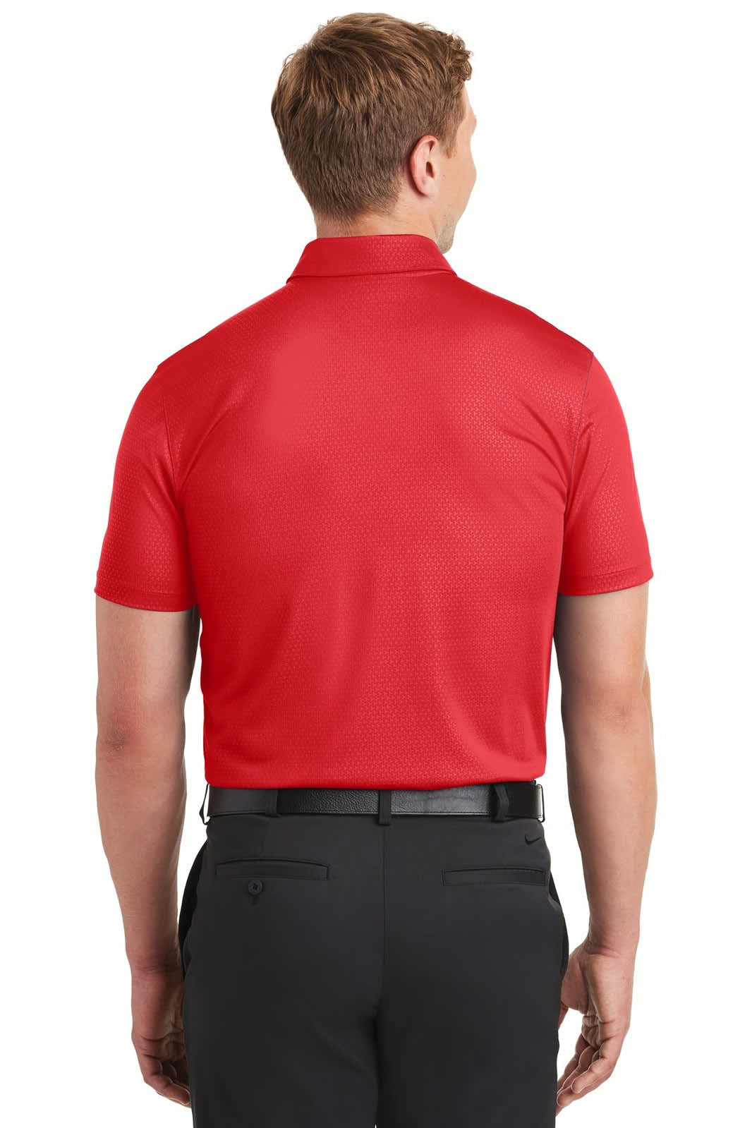 A red Nike Dri-FIT Embossed Tri-Blade Polo shirt, viewed from the back, featuring short sleeves and a sleek design.