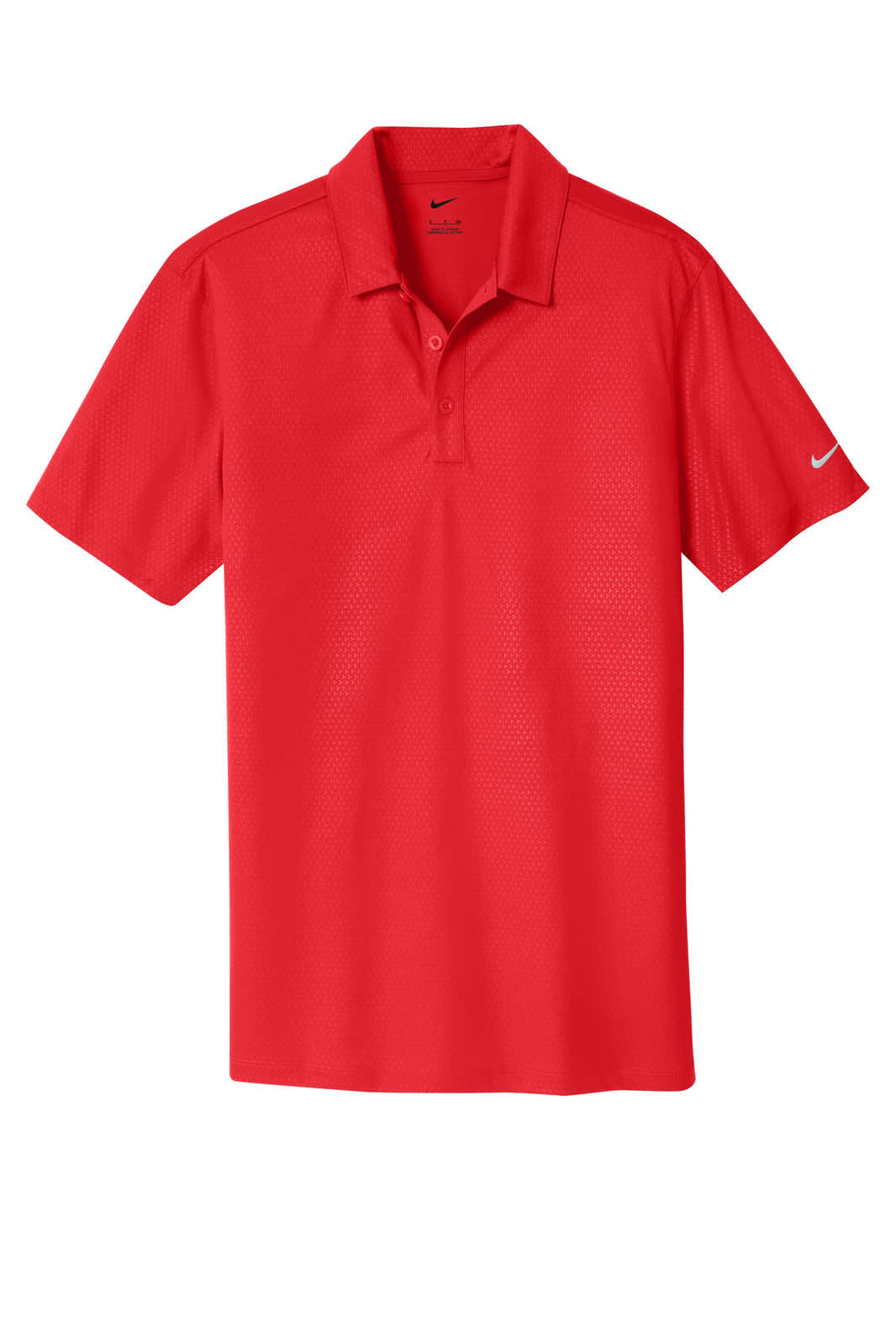 A red Nike Dri-FIT Embossed Tri-Blade Polo shirt featuring a collar and short sleeves, with a logo on the sleeve.