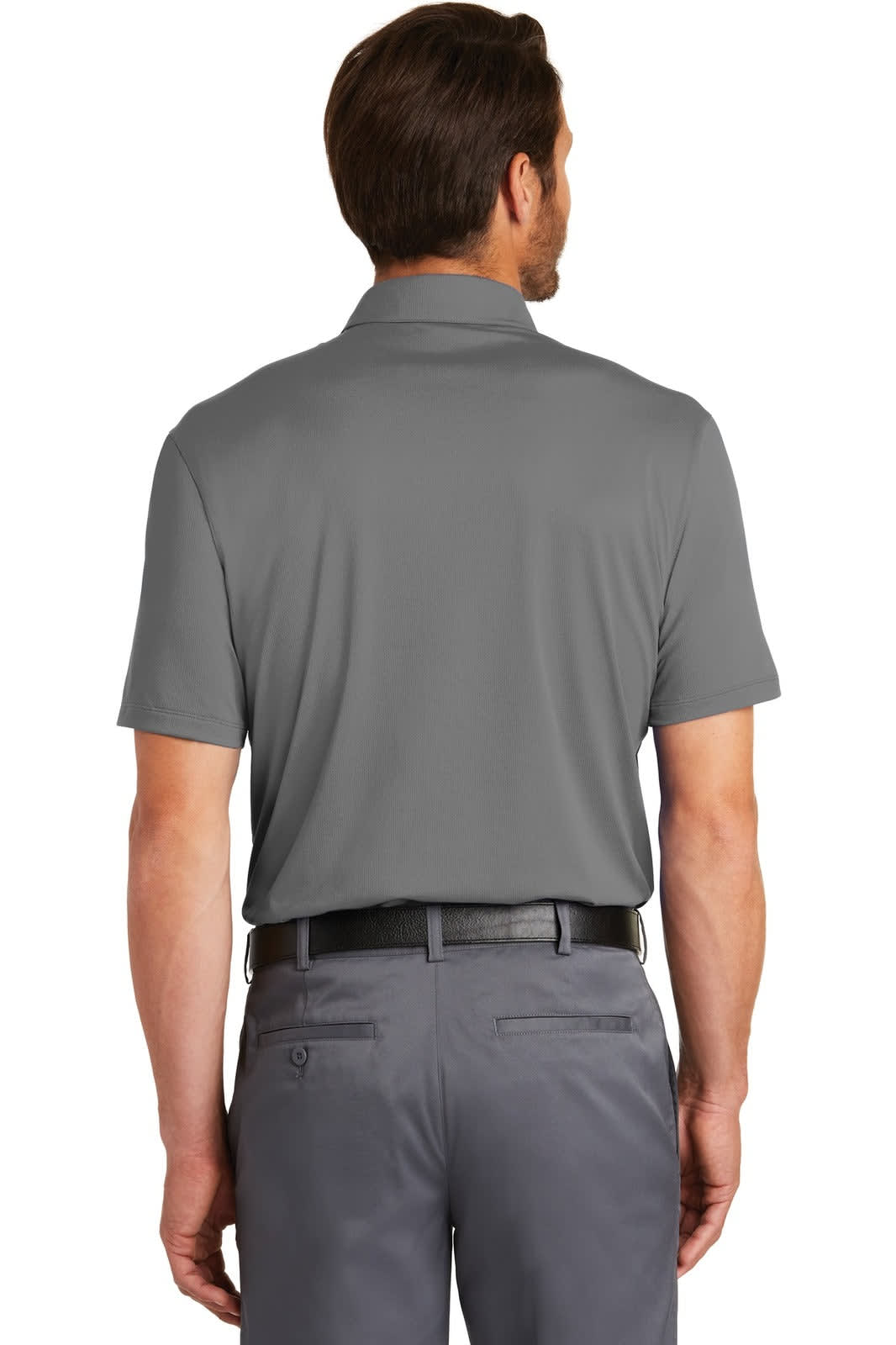 A grey Nike Dri-FIT Legacy Polo shirt displayed from the back, featuring a collar and short sleeves.