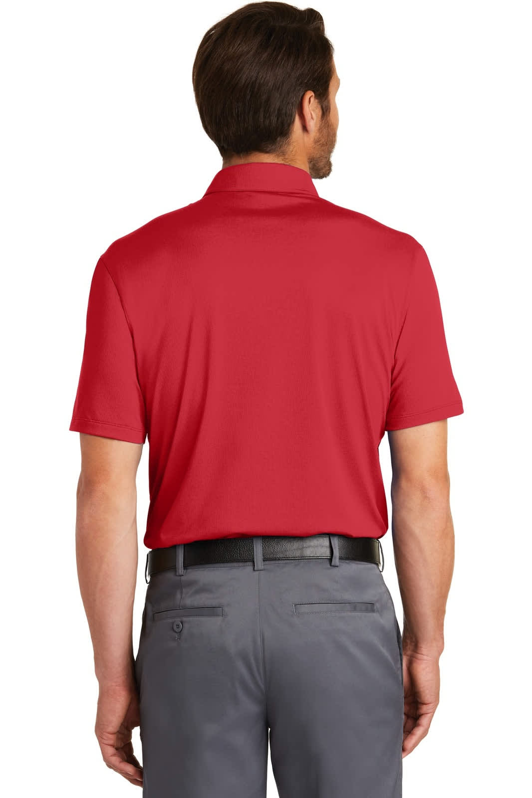 A red polo shirt with a collar, featuring short sleeves and a logo on the back. Worn with grey trousers.