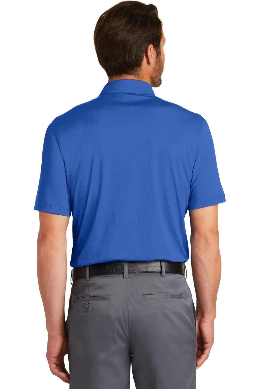 A blue polo shirt with short sleeves and a collar, featuring a small logo. The model is shown from the back.