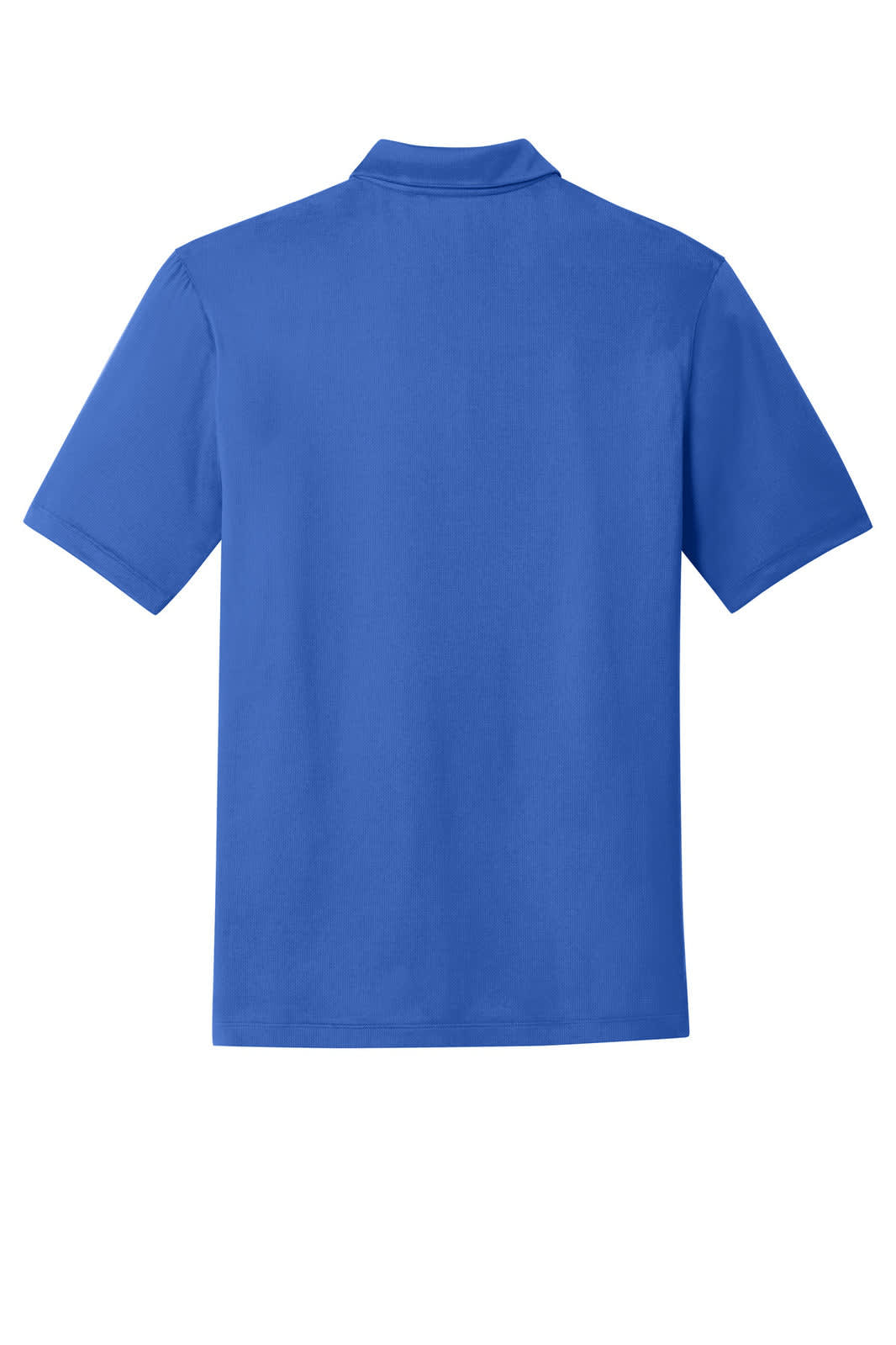 A blue polo shirt featuring short sleeves and a collar, with a logo on the front.