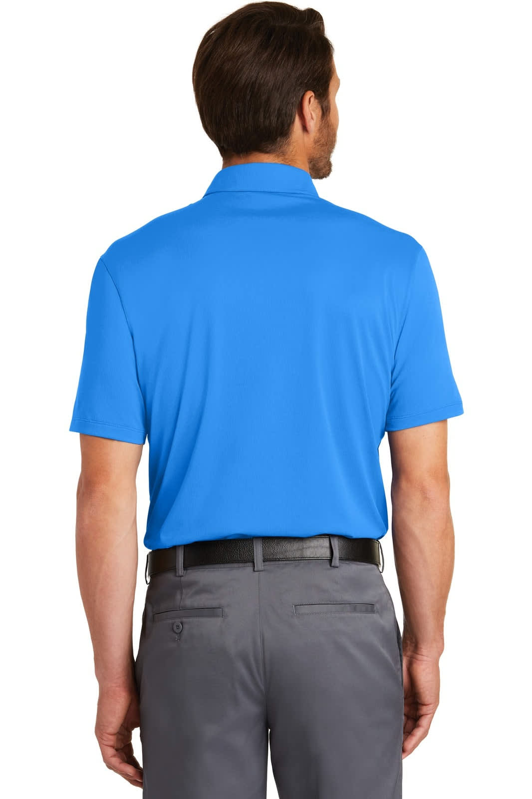 A blue Nike Dri-FIT Legacy Polo shirt seen from the back, featuring a collar and short sleeves. It has a logo.