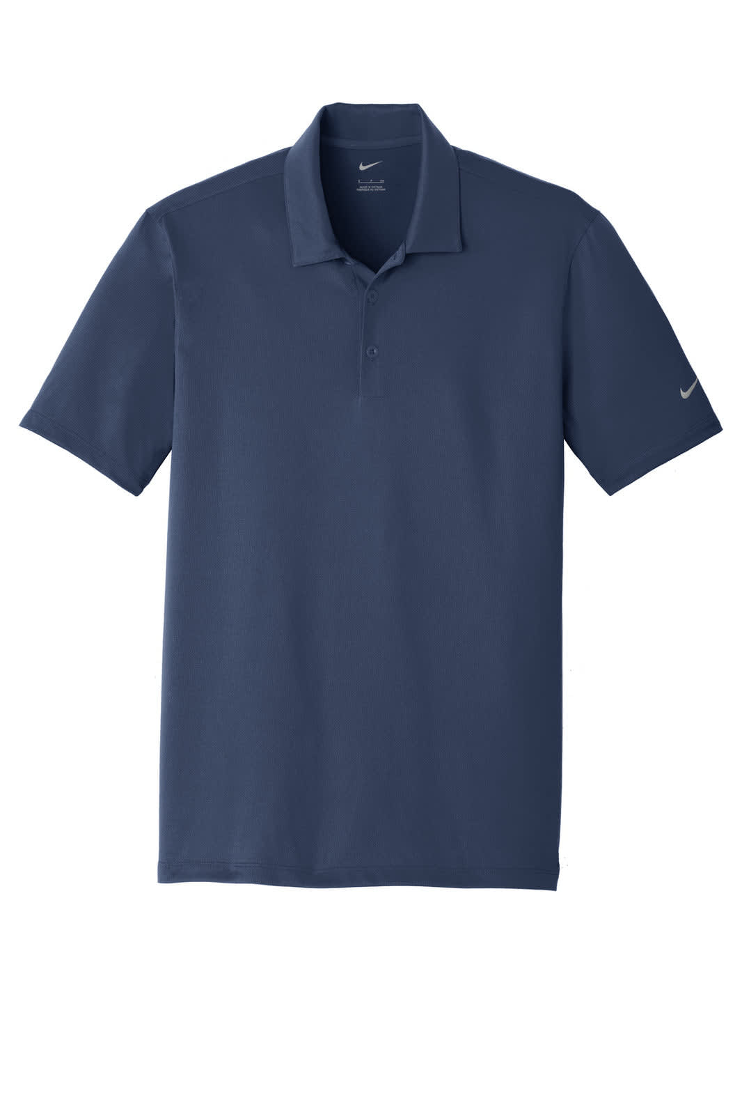 A navy Nike Dri-FIT Legacy Polo shirt featuring a logo on the sleeve. Classic design with a collar and buttons.