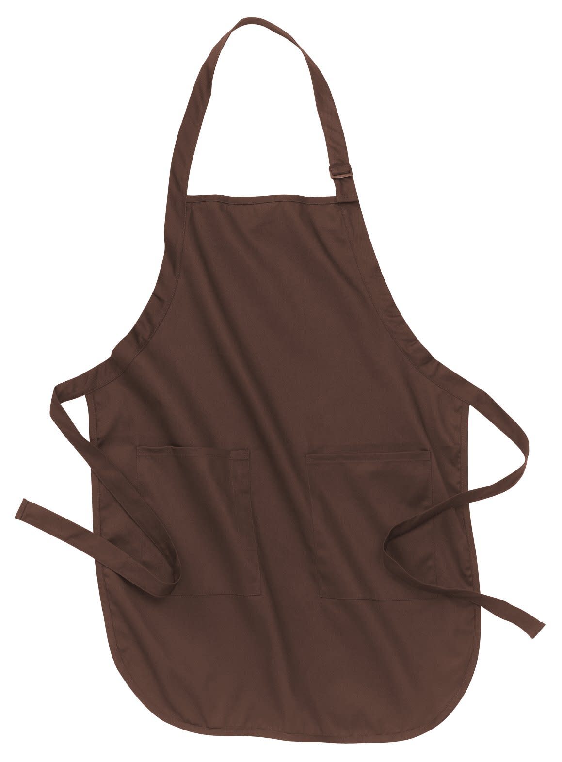 A brown full-length apron with pockets and adjustable ties, featuring a logo. Ideal for workwear use.