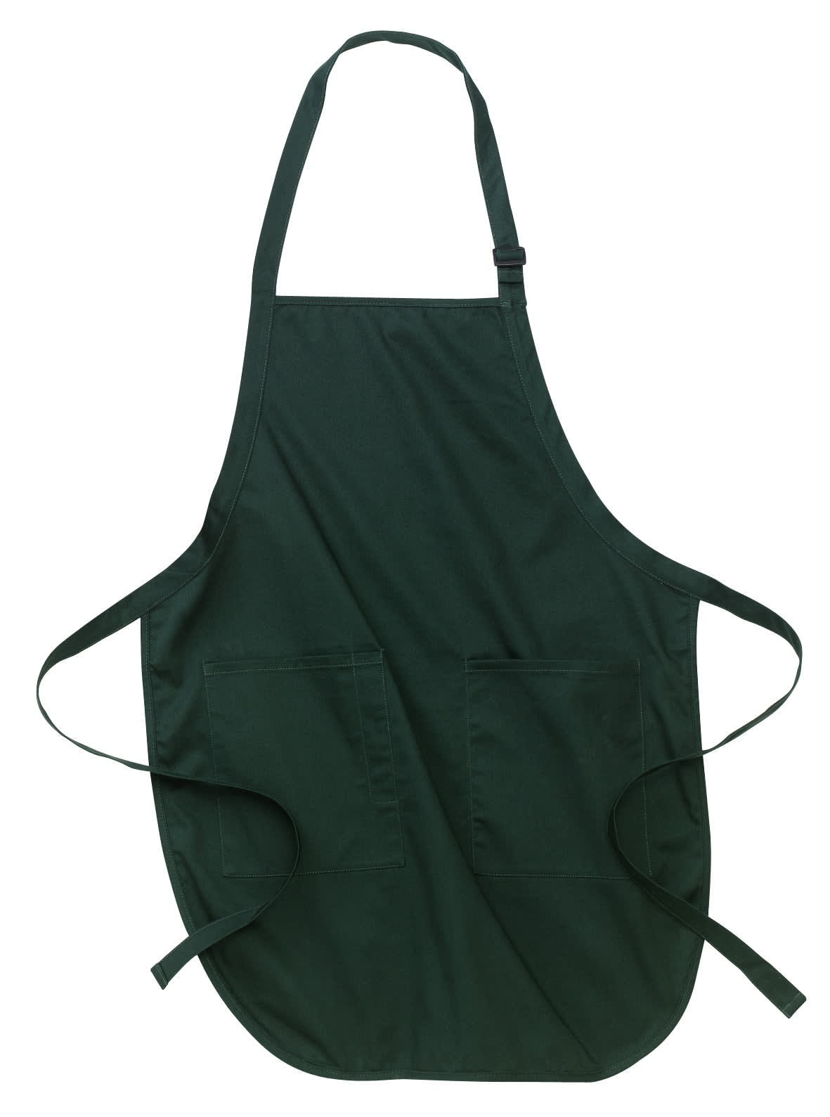 A green full-length apron featuring two front pockets and adjustable straps. It also has a logo.