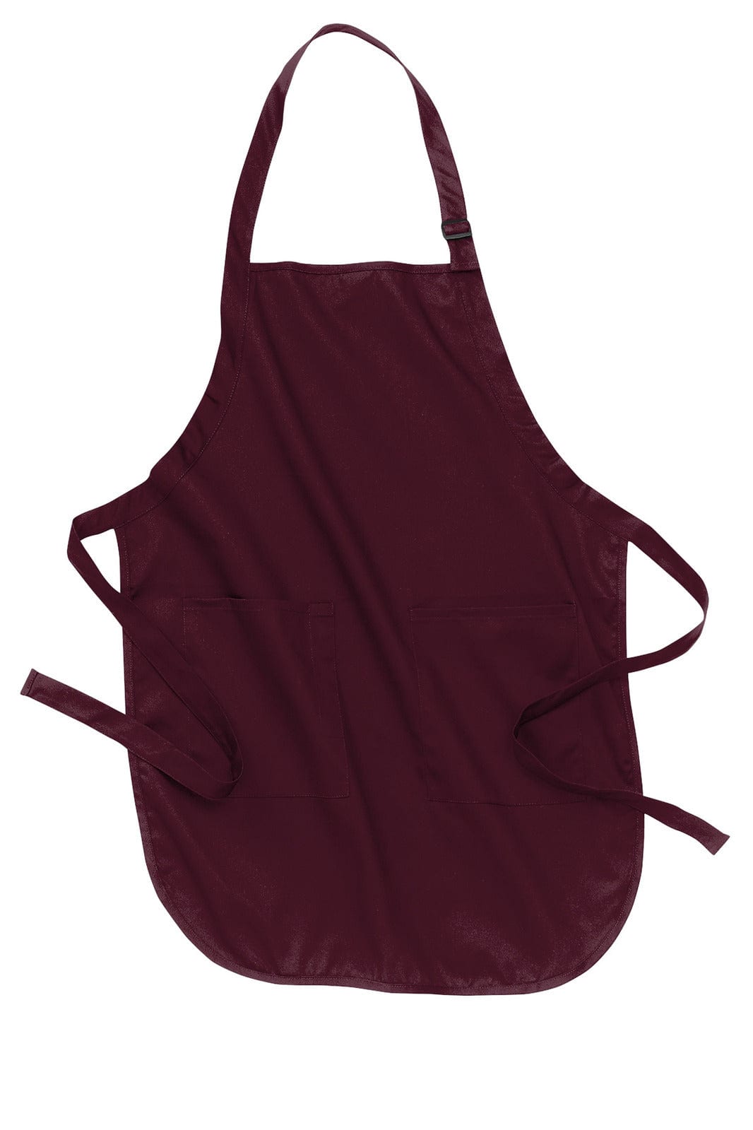 A maroon full-length apron with pockets and an adjustable neck strap, featuring a logo.