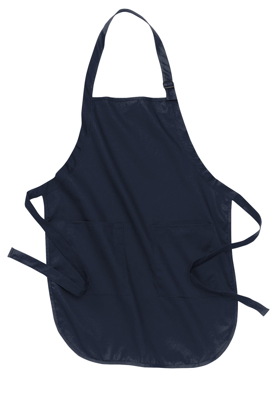 A navy blue full-length apron with pockets and ties, featuring a branding logo.