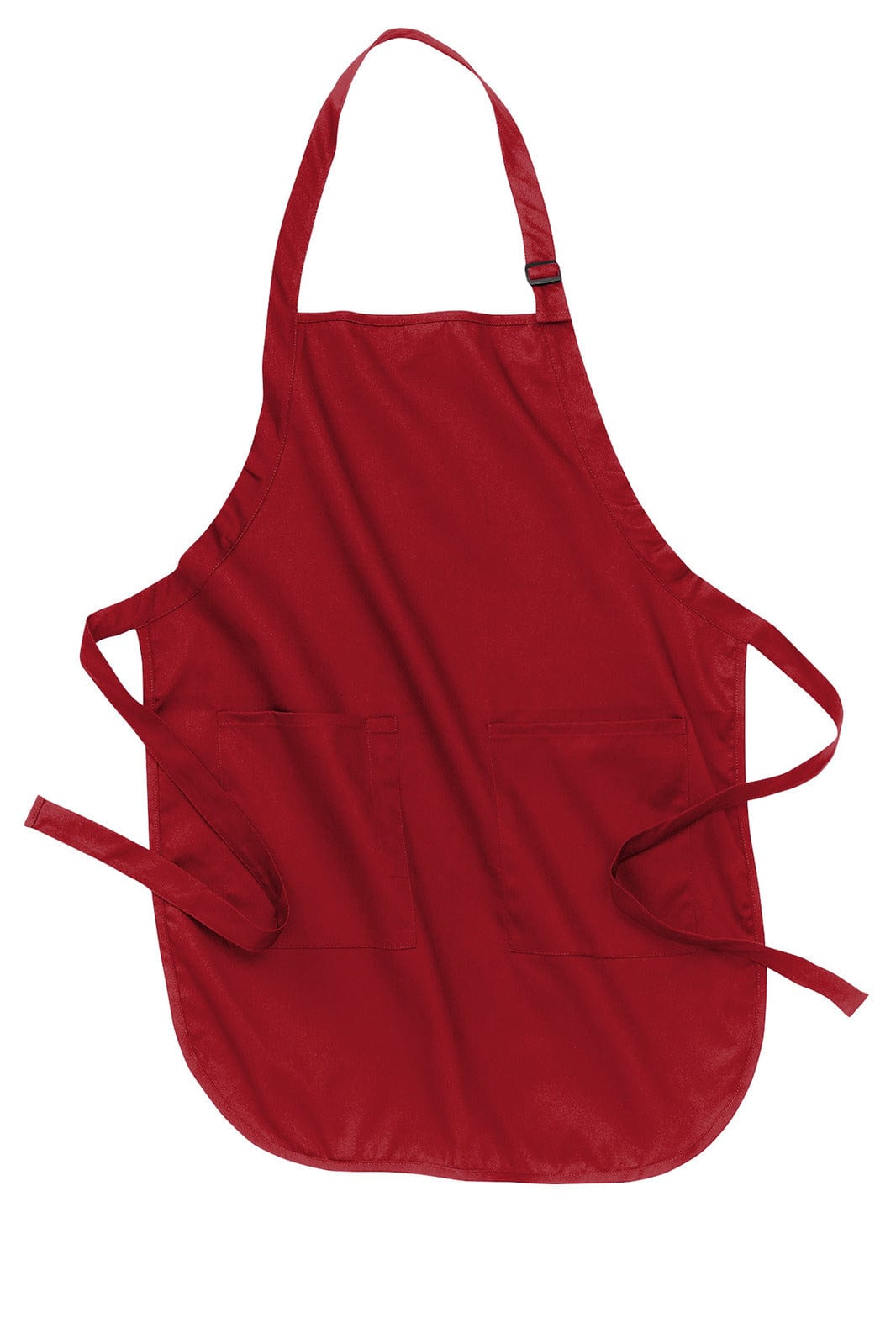 A red full-length apron featuring pockets and adjustable straps, suitable for workwear.